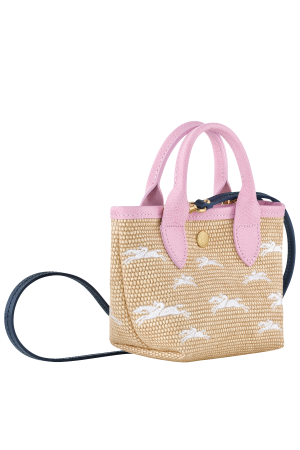 panier XS Longchamp Le Panier Pliage en toile effet paille et cuir rose