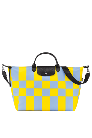 sac de voyage S Longchamp Le Pliage Casaque en toile à imprimé jaune ciel et cuir