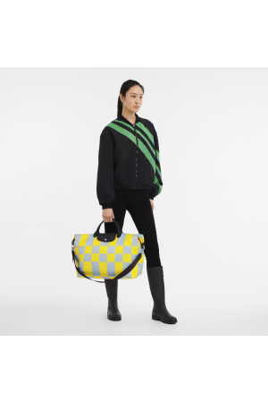 sac de voyage S Longchamp Le Pliage Casaque en toile à imprimé jaune ciel et cuir