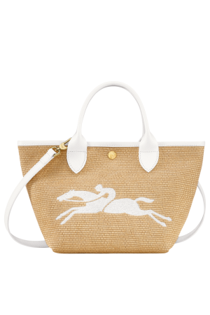 sac panier S Longchamp Le Panier Pliage en toile effet paille et cuir blanc
