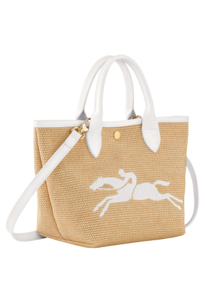 sac panier S Longchamp Le Panier Pliage en toile effet paille et cuir blanc