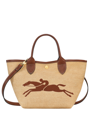 sac panier S Longchamp Le Panier Pliage en toile effet paille et cuir camel