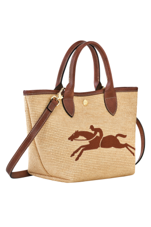 sac panier S Longchamp Le Panier Pliage en toile effet paille et cuir camel