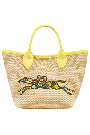sac panier S Longchamp Le Panier Pliage en toile effet paille et cuir jaune