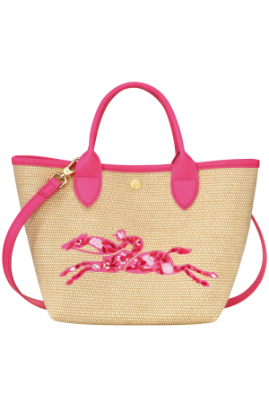 sac panier S Longchamp Le Panier Pliage en toile effet paille et cuir rose