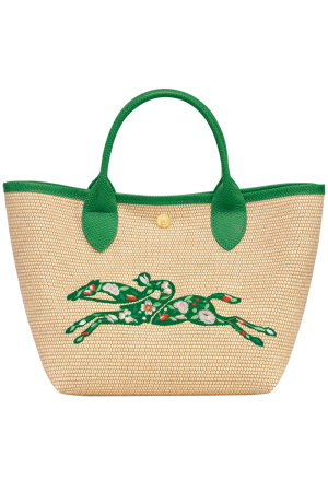 sac panier S Longchamp Le Panier Pliage en toile effet paille et cuir vert