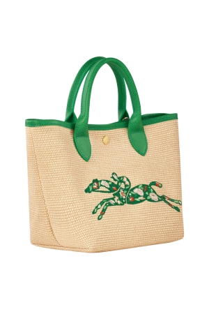 sac panier S Longchamp Le Panier Pliage en toile effet paille et cuir vert