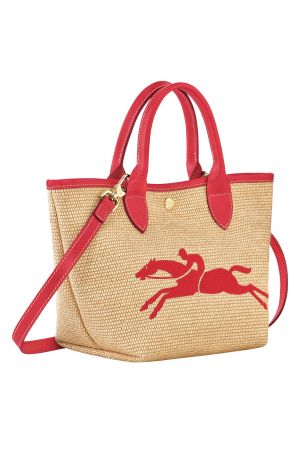 panier S Longchamp Le Panier Pliage en toile et cuir rouge