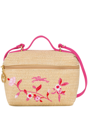 sac vanity XS Longchamp Le Panier Pliage en toile effet paille et cuir rose