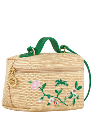 sac vanity XS Longchamp Le Panier Pliage en toile effet paille et cuir vert