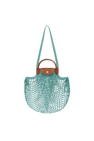 sac filet L Longchamp Le Pliage en filet et cuir bleu ciel