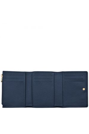 portefeuille compact Longchamp Le Foulonné en cuir foulonné navy