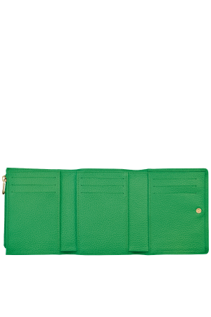 portefeuille compact Longchamp Le Foulonné en cuir grainé vert