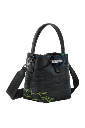 sac seau S Longchamp Roseau Essential Pad en toile de nylon brodée et cuir noir