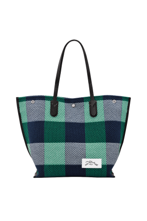 sac cabas L Longchamp Roseau Essential Toile Paddock en toile de laine et cotons à motifs carreaux navy et vert