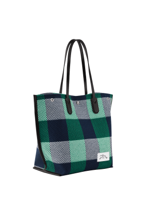 sac cabas L Longchamp Roseau Essential Toile Paddock en toile de laine et cotons à motifs carreaux navy et vert