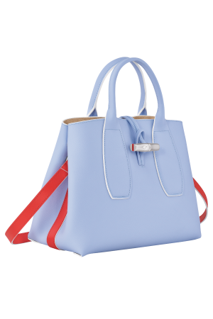 sac à main M Longchamp Roseau en cuir lisse bleu ciel et rouge