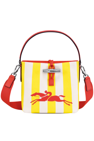 sac seau XS Longchamp Roseau en toile de coton et cuir jaune, orange et blanc