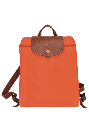 Sac à dos toile orange et rabat cuir marron pliage original longchamp