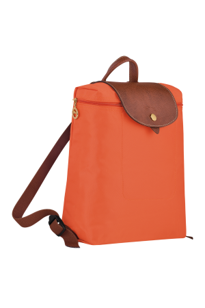 Sac à dos toile orange et rabat cuir marron pliage original longchamp