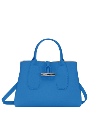 sac à main M Longchamp Roseau en cuir grainé bleu