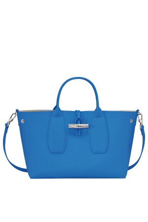 sac à main M Longchamp Roseau en cuir grainé bleu