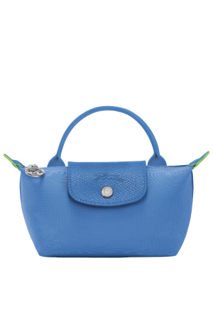 trousse cosmétiques Longchamp Le Pliage Green en toile et cuir bleu ciel