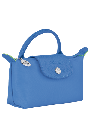 trousse cosmétiques Longchamp Le Pliage Green en toile et cuir bleu ciel