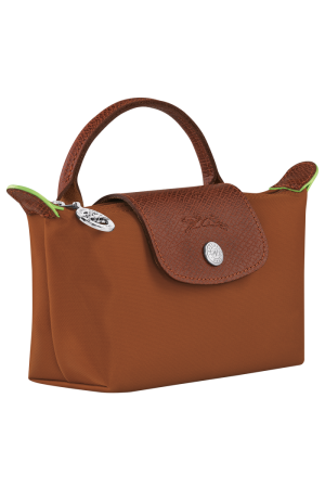 trousse cosmétiques Longchamp Le Pliage Green en toile et cuir camel